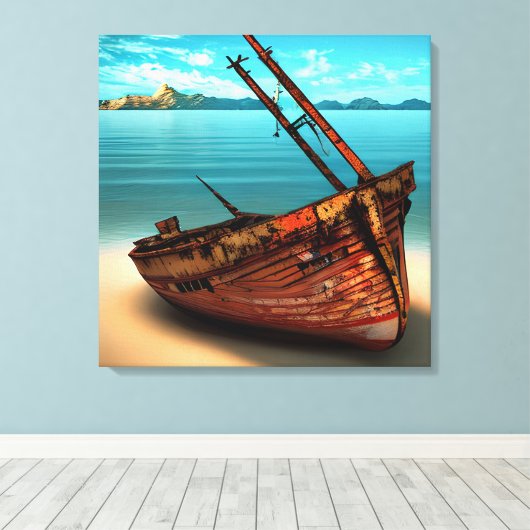 Vervallen boot op een verlaten zandstrand canvas afdruk (Insitu (Houten vloer))