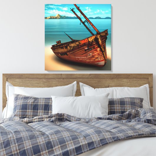 Vervallen boot op een verlaten zandstrand canvas afdruk (Insitu (Slaapkamer))
