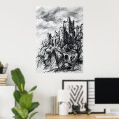 Vervallen kasteel houtskool schets poster (Thuiskantoor)