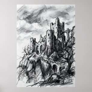 Vervallen kasteel houtskool schets poster