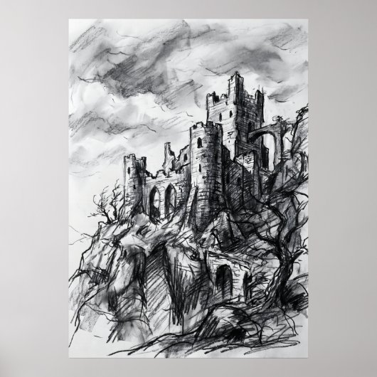 Vervallen kasteel houtskool schets poster (Voorkant)