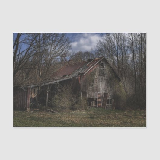 Vervallen verlaten houthuur in het bos tissuepapier (Voorkant)