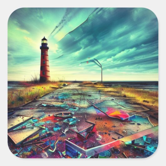 Vervallen vuurtoren op een verlaten strand vierkante sticker (Voorkant)