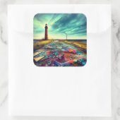 Vervallen vuurtoren op een verlaten strand vierkante sticker (Tas)