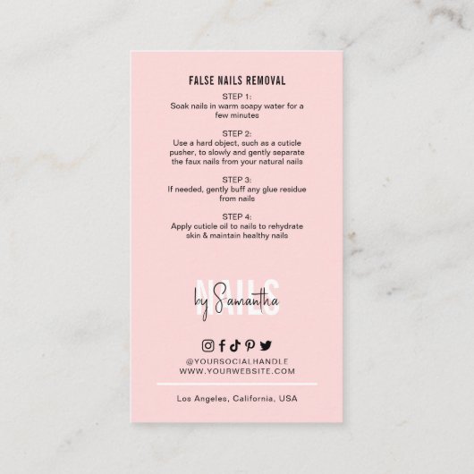 Vervalste nagels Zorggids & Toepassing Blush Pink Visitekaartje (Achterkant)