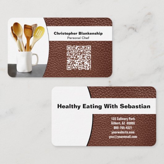 Vervangbare Chef Lepels Foto op Leren QR Code Visitekaartje (Voorkant / Achterkant)