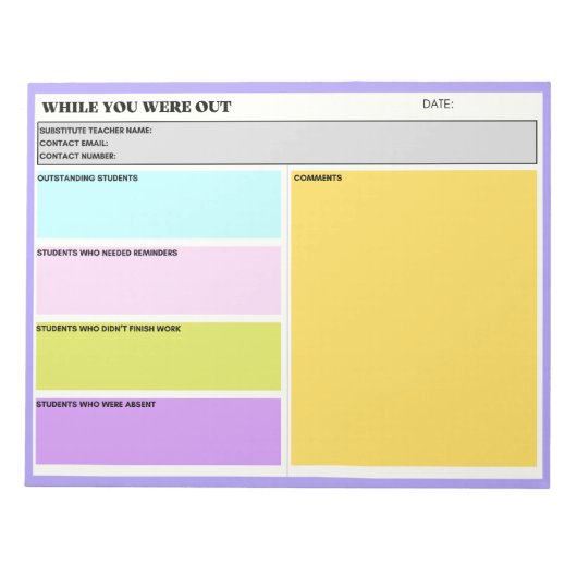 Vervangende leraar terwijl je uit de klas vorm was notitieblok (Voorkant)