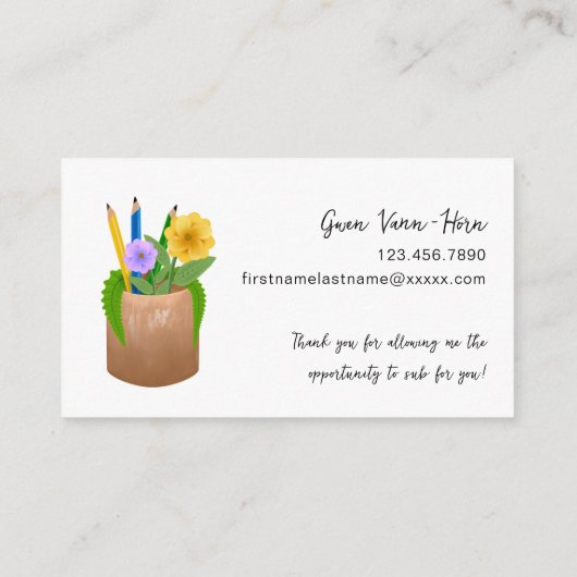 Vervangende School Leraar Potloden Bloemen Visitekaartje (Achterkant)