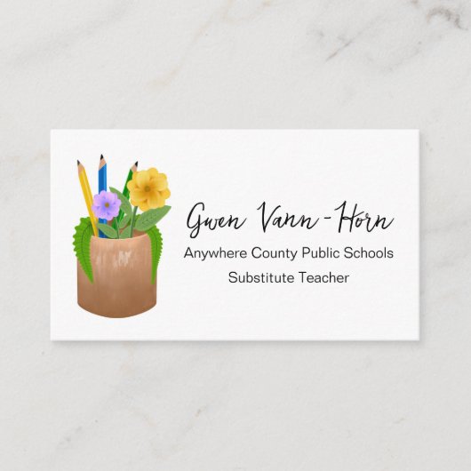 Vervangende School Leraar Potloden Bloemen Visitekaartje (Voorkant)
