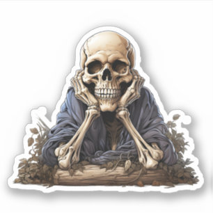 Verveeld skelet zitten in bos koel skelet sticker