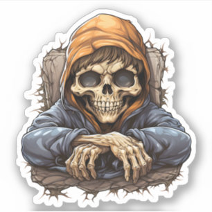 Verveeld skelet zitten in bos koel skelet sticker