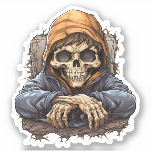 Verveeld skelet zitten in bos koel skelet sticker (Voorkant)