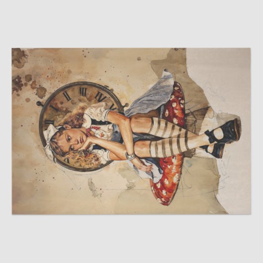 Verveelde Alice in Wonderland zittend op een padde Tissuepapier (Voorkant)