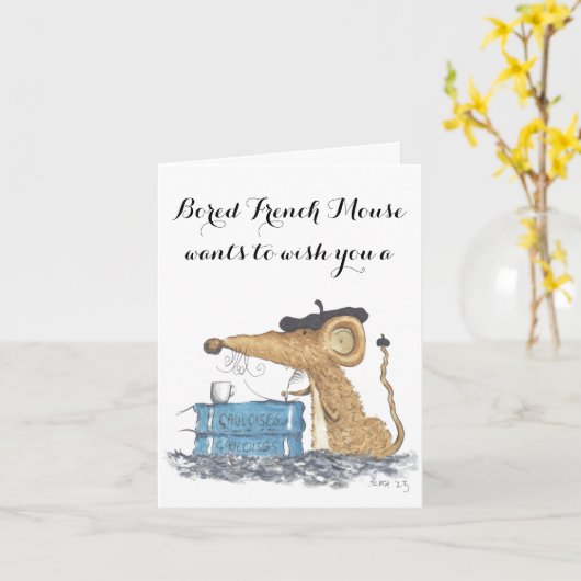 Verveelde Franse Mouse Verjaardag Kaart (Gele Bloem)