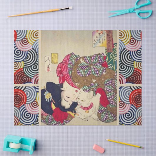 VERVELEND, JAPANSE VROUW MET WITTE KAT TISSUEPAPIER (Craft)