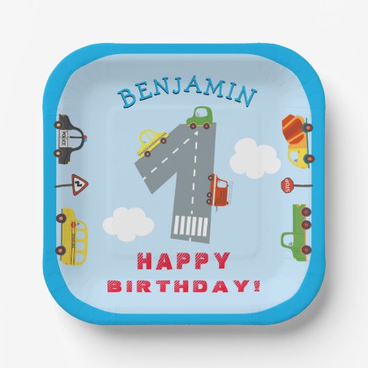 Vervoer 1e verjaardag papieren bordje (Voorkant)