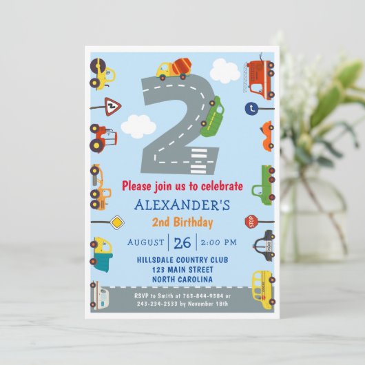 Vervoer 2e verjaardag uitnodiging (Staand voorkant)