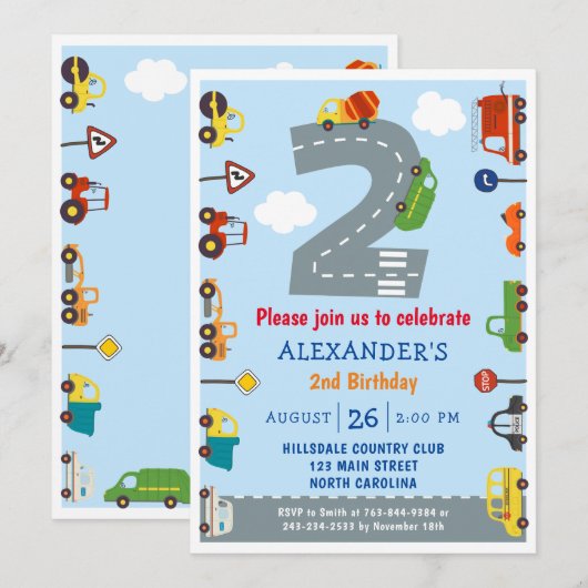 Vervoer 2e verjaardag uitnodiging (Voorkant / Achterkant)