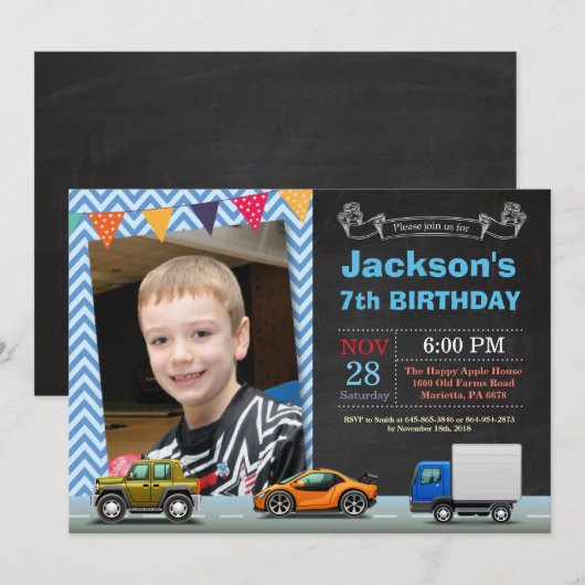 Vervoer Auto Truck Verjaardag Foto Uitnodiging (Voorkant / Achterkant)
