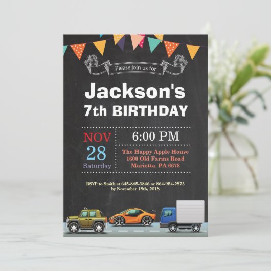 Vervoer Auto Truck Verjaardag Uitnodiging (Staand voorkant)