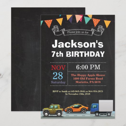 Vervoer Auto Truck Verjaardag Uitnodiging (Voorkant / Achterkant)