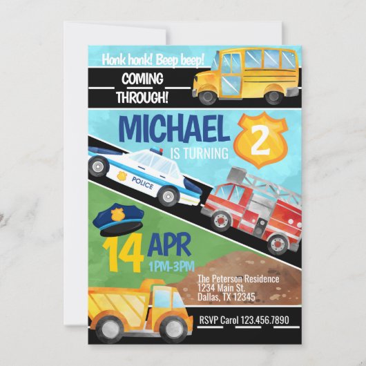 Vervoer Auto Vrachtwagen Verjaardagsfeest Uitnodig Kaart (Voorkant)