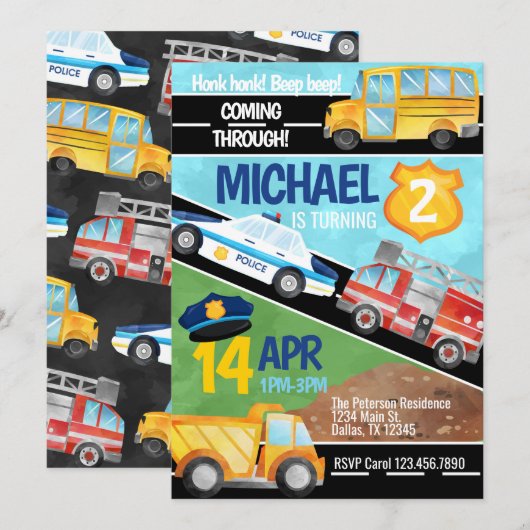 Vervoer Auto Vrachtwagen Verjaardagsfeest Uitnodig Kaart (Voorkant / Achterkant)