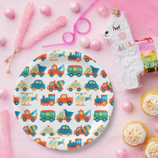 Vervoer Schattige Kleurrijke Auto's Trucks Verjaar Papieren Bordje (Feest)