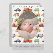 Vervoer Stadsauto's Jongen Geboorte Aankondiging (Voorkant / Achterkant)