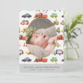 Vervoer Stadsauto's Jongen Geboorte Aankondiging (Staand voorkant)