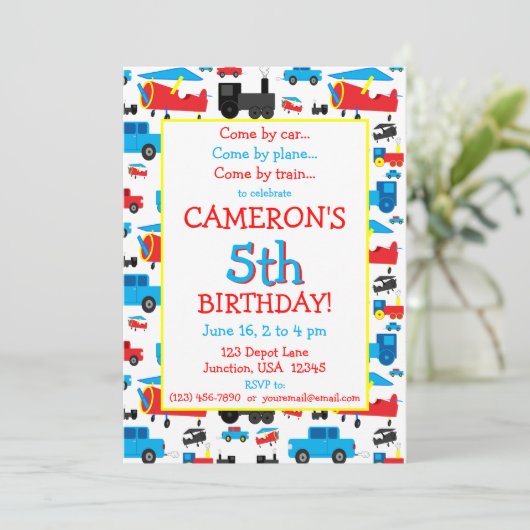 Vervoer van vliegtuigen, treinen en auto's op zate kaart (Staand voorkant)