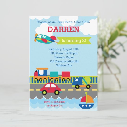 Vervoer Verjaardag Uitnodigingen Jongen Voertuigen (Staand voorkant)