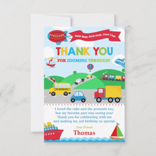 Vervoer Verjaardagspartij Dank u kaart (Voorkant)