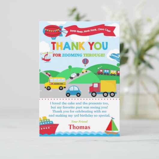 Vervoer Verjaardagspartij Dank u kaart (Staand voorkant)