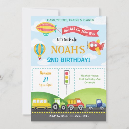 Vervoer Vliegtuig Bus Ballon Verjaardag uitnodigin Kaart (Voorkant)