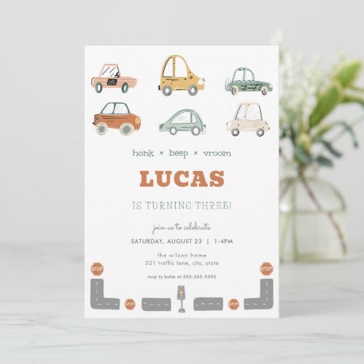 Vervoer Voertuig Auto Verjaardag uitnodiging (Staand voorkant)