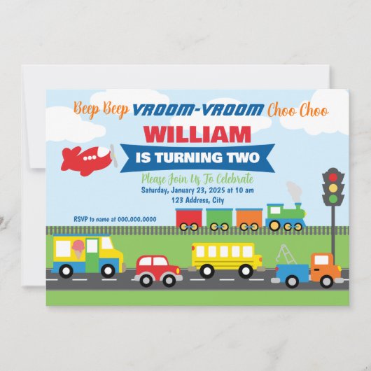 Vervoer Voertuigen Jongen Uitnodiging (Voorkant)