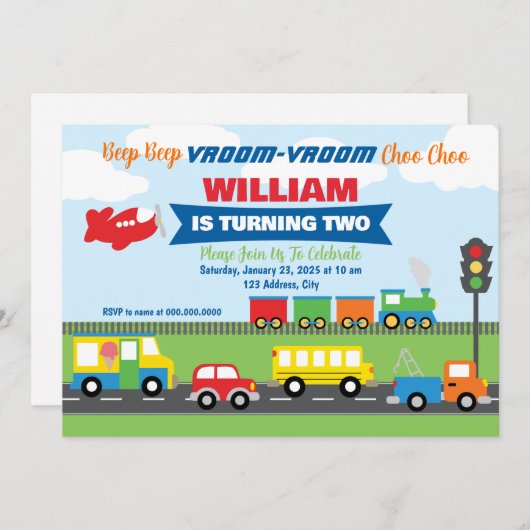 Vervoer Voertuigen Jongen Uitnodiging (Voorkant / Achterkant)