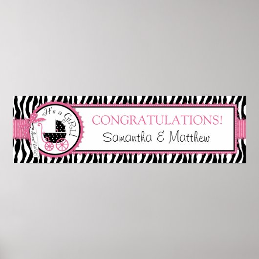 Vervoer, Zebra Print, hot-roze Baby shower banner Poster (Voorkant)