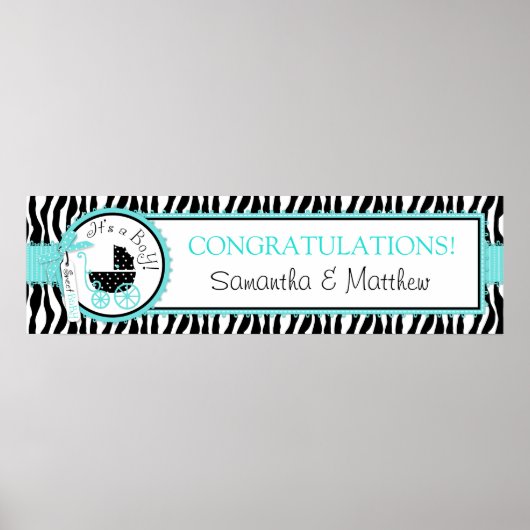 Vervoer, Zebra Print Turquoise Baby shower Banner (Voorkant)