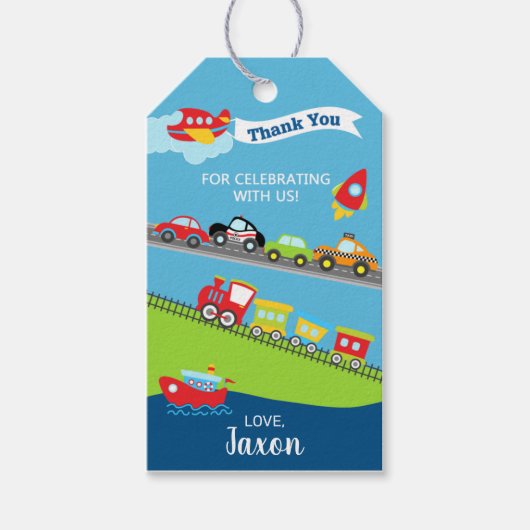 Vervoersauto's verjaardag dank je label. cadeaulabel (Voorkant)