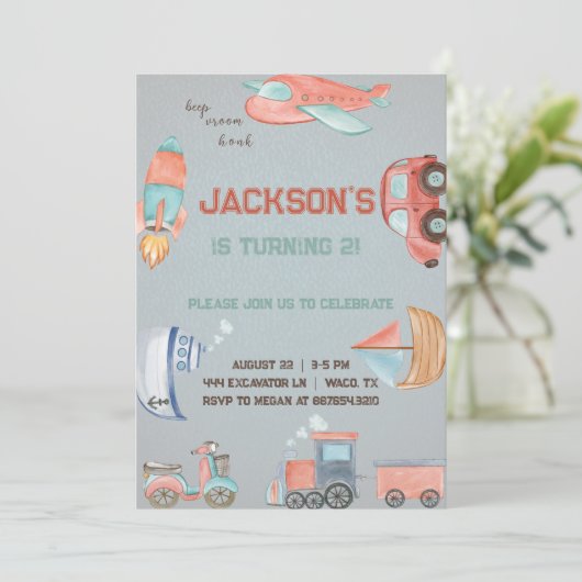 Vervoersjongen verjaardagsuitnodiging. kaart (Staand voorkant)