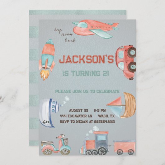 Vervoersjongen verjaardagsuitnodiging. kaart (Voorkant / Achterkant)