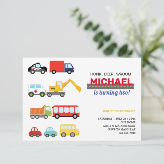 Vervoersvoertuigen, auto's en vrachtwagens, verjaa kaart (Staand voorkant)