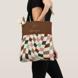 Vervormd schaakbord neutraal gepersonaliseerd mono tote bag
