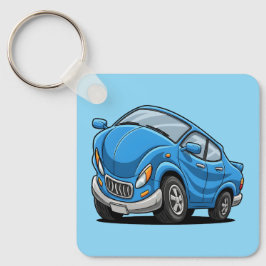 Vervormde Blauwe Cartoon Auto Sleutelhanger