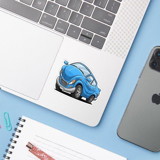 Vervormde Blauwe Cartoon Auto Sticker (Laptop met iPhone)
