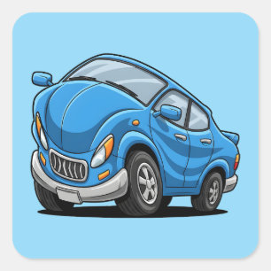 Vervormde Blauwe Cartoon Auto Vierkante Sticker
