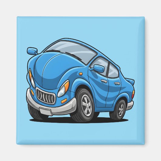 Vervormde Blauwe Cartoonauto Magneet (Voorkant)