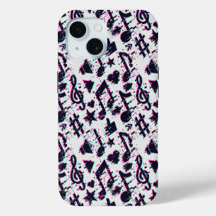 Vervormde Muzieknoten & Hartjes Patroon iPhone 15 Case